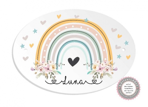 zauberhaftes ovales Türschild mit Regenbogen Blüten Herzen und Wunschname, Kinderzimmer- zur Einschulung, Geburtstag, Taufe, Lüttentüddel®